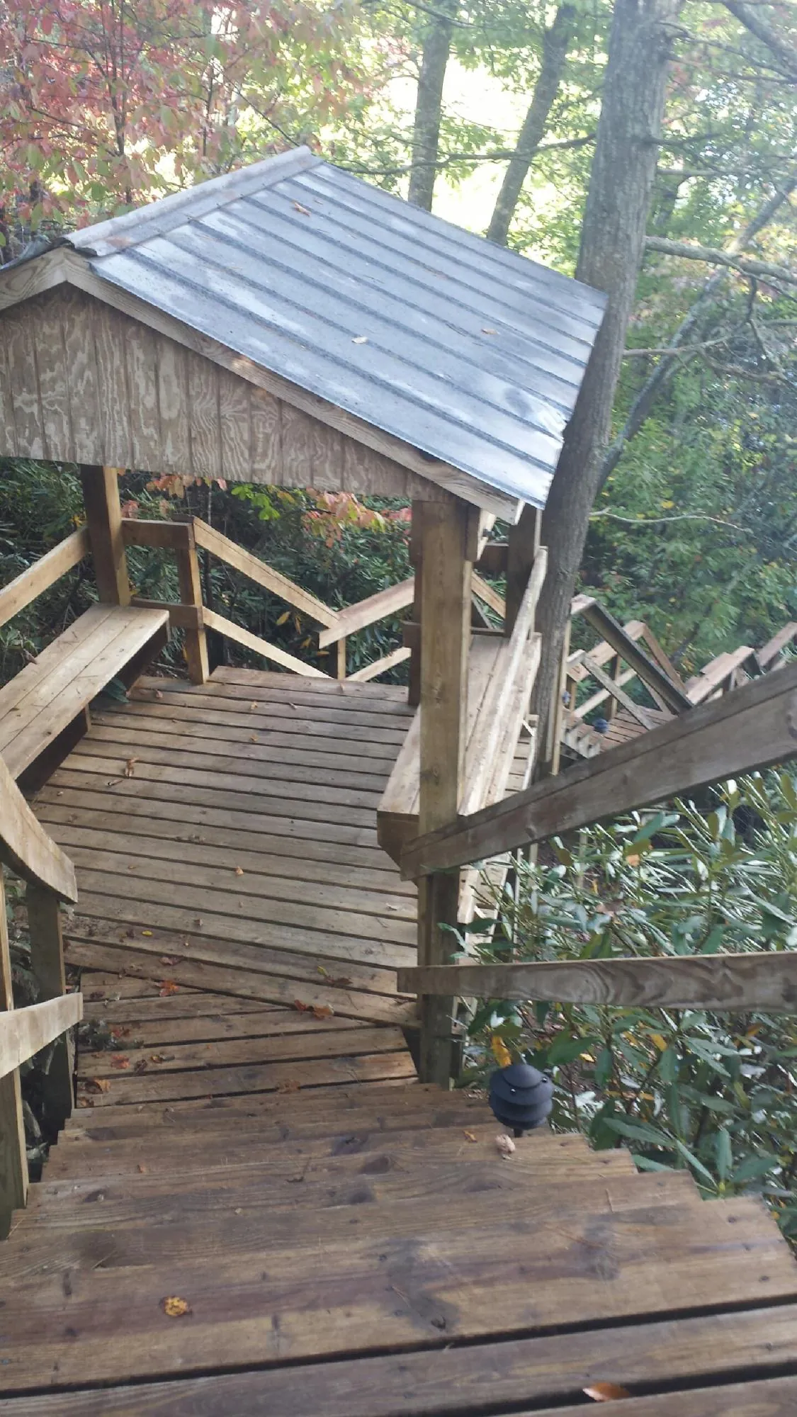 Metal roofed shelter over wooden steps on a wooded walkway — Skylight Repair & Installation work by our crew in Coalmont